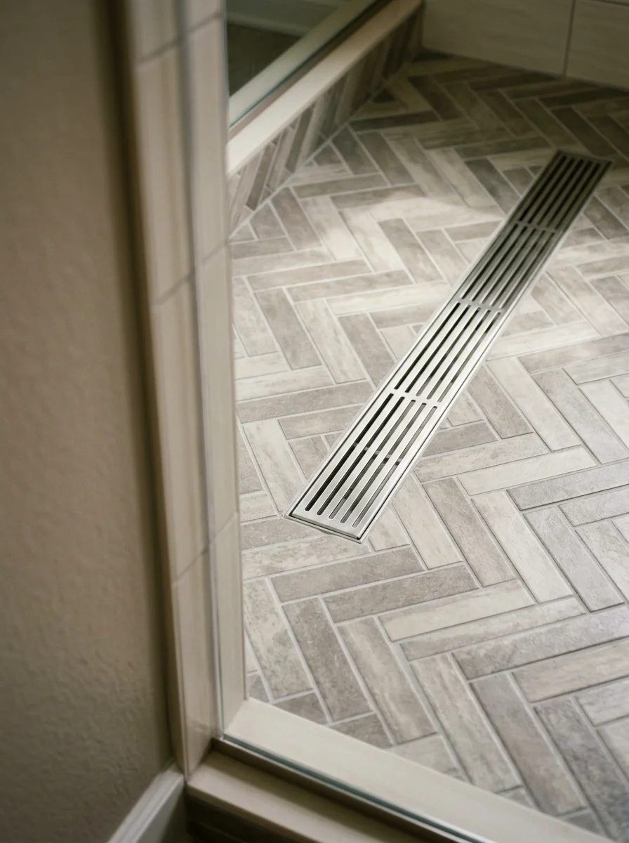 Tiled shower floor with a herringbone mosaic pattern and a linear drain in a finished bathroom remodel in Elizabethtown, KY.