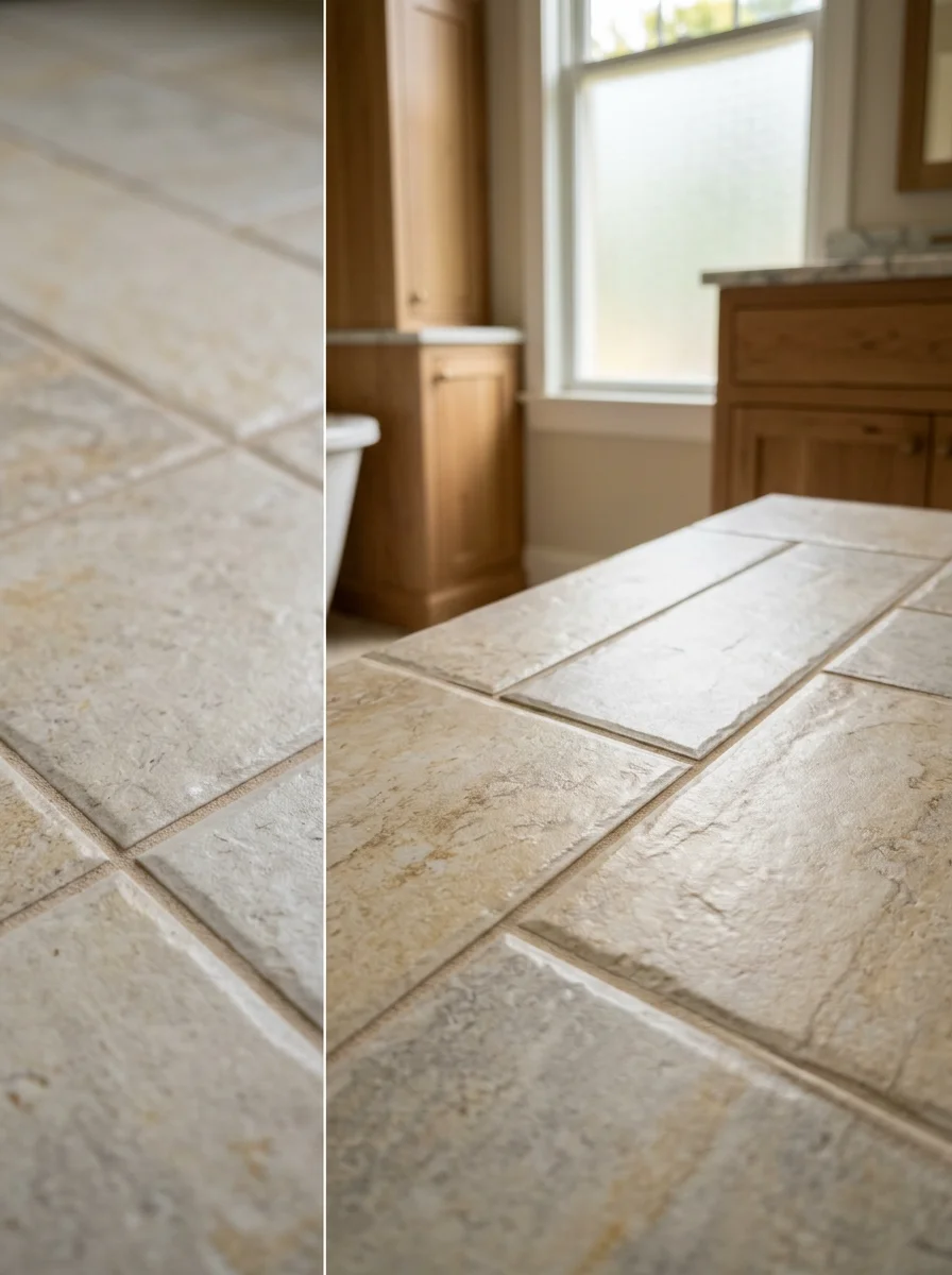 Close-up of hand-set floor tile pattern in a completed bathroom remodel in Hardin County, KY, showing tight grout joints and a clean tile edge.