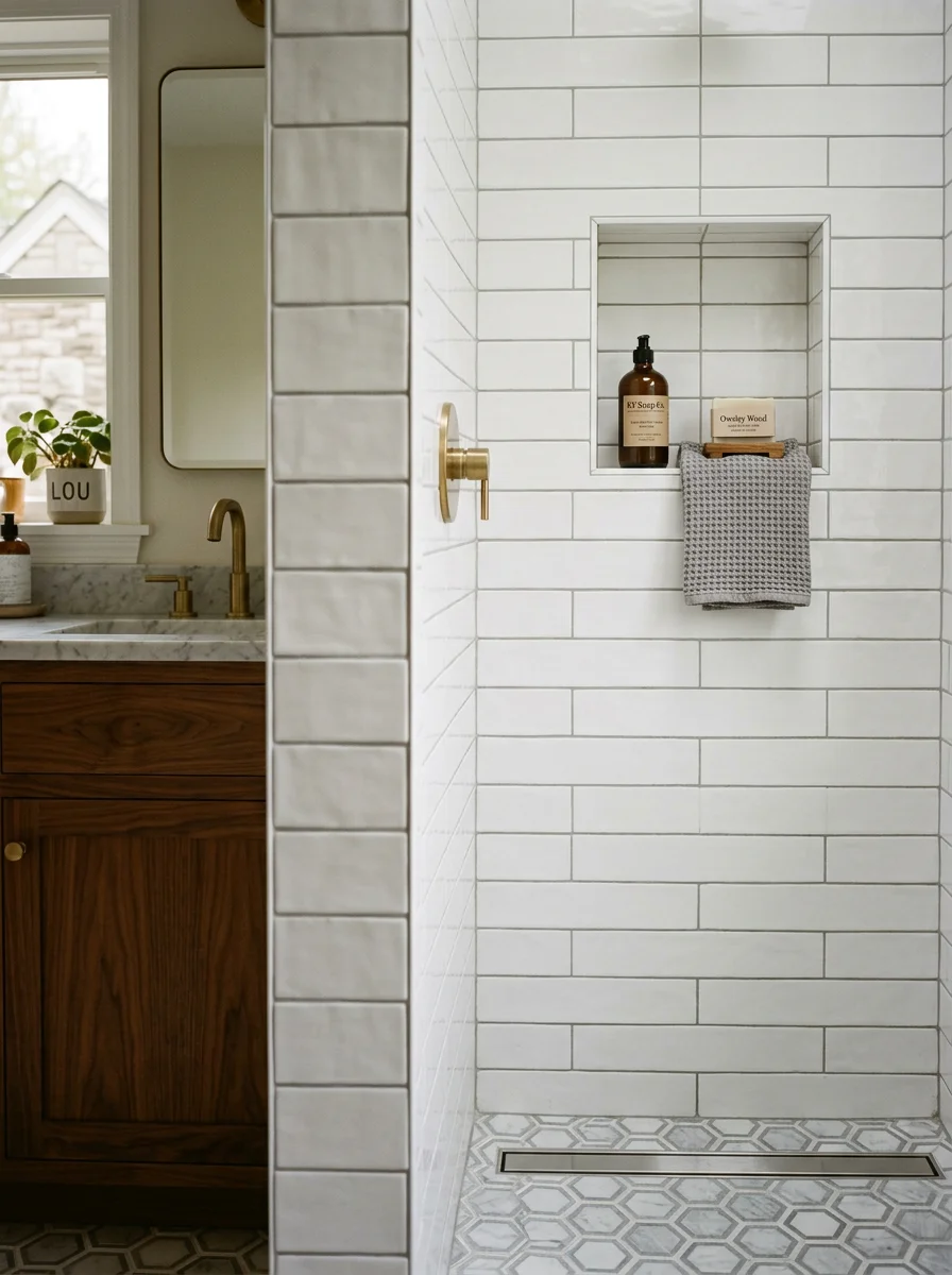 Finished bathroom remodel in a Louisville, KY home showing custom tile shower walls, a niche, and a clean linear drain on a tiled shower floor.