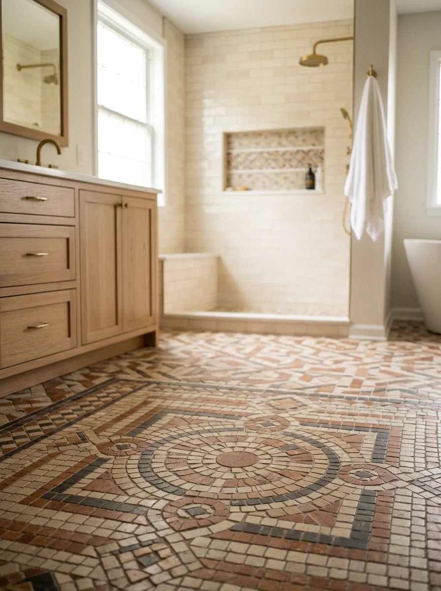 Custom tile shower niche and hand-set mosaic floor tile detail in a completed master bathroom remodel in a Prospect, KY home.