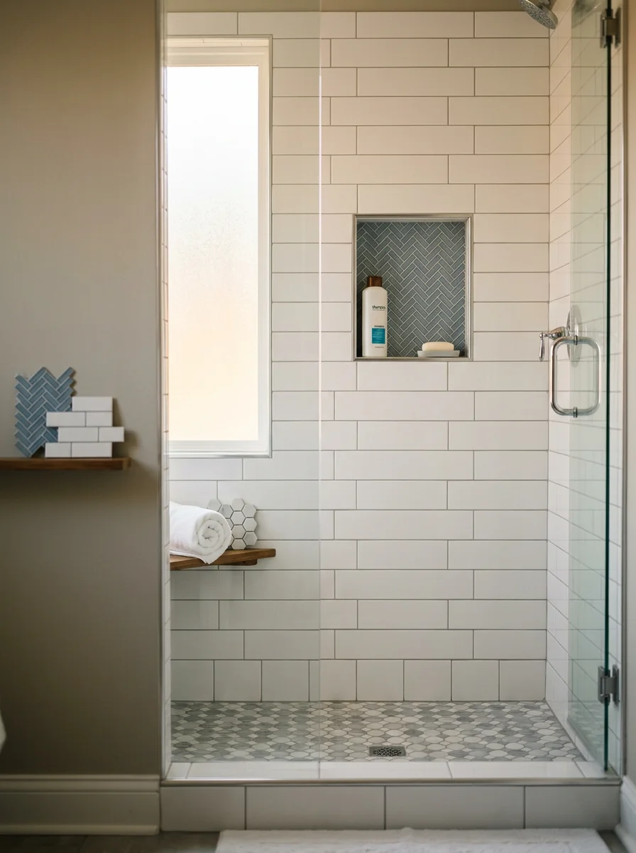 Finished custom tile shower in a Radcliff, KY home near Fort Knox showing clean grout lines, a built-in niche, and a properly tiled curb entry.