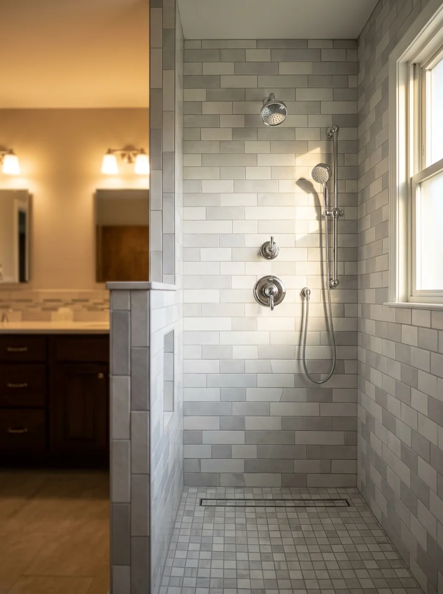 Completed bathroom remodel in a Shepherdsville, KY ranch home showing new custom tile shower walls and a tiled shower floor with a clean drain.