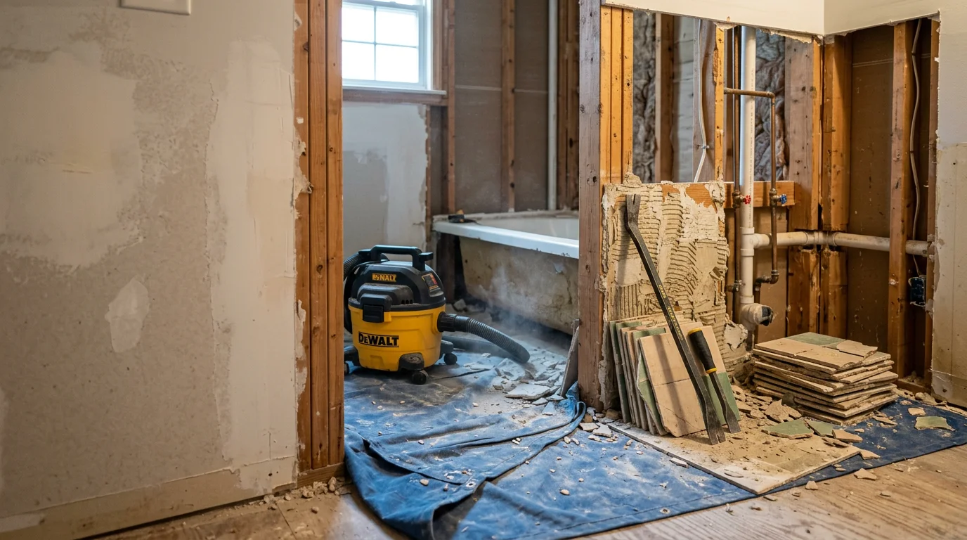 A Hardin County bathroom mid-demolition with old tile removed and subfloor exposed, ready for prep work before a new tile installation. The walls are stripped back to the studs, showing a clean and organized work area.