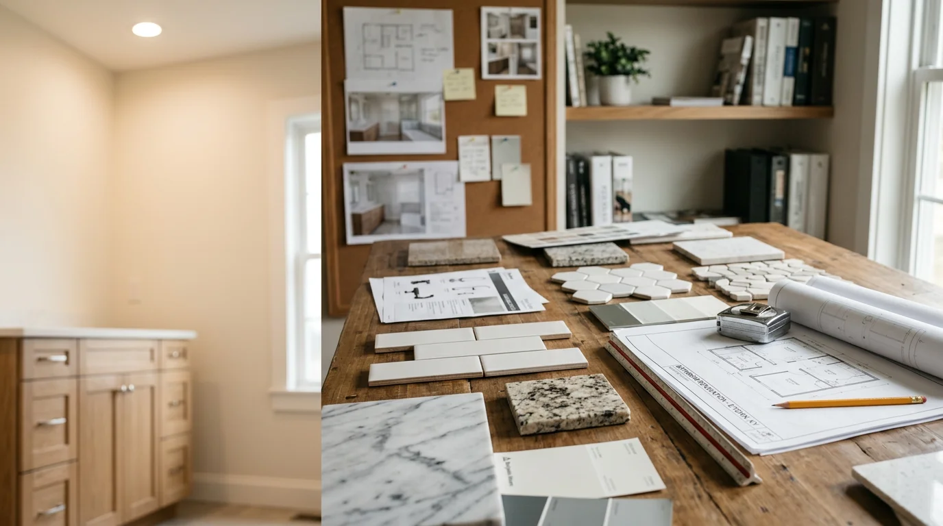 A Carson Custom Bath & Tile bathroom design consultation in progress inside a Harden County home, showing a contractor and homeowner reviewing layout options for a dated bathroom space.