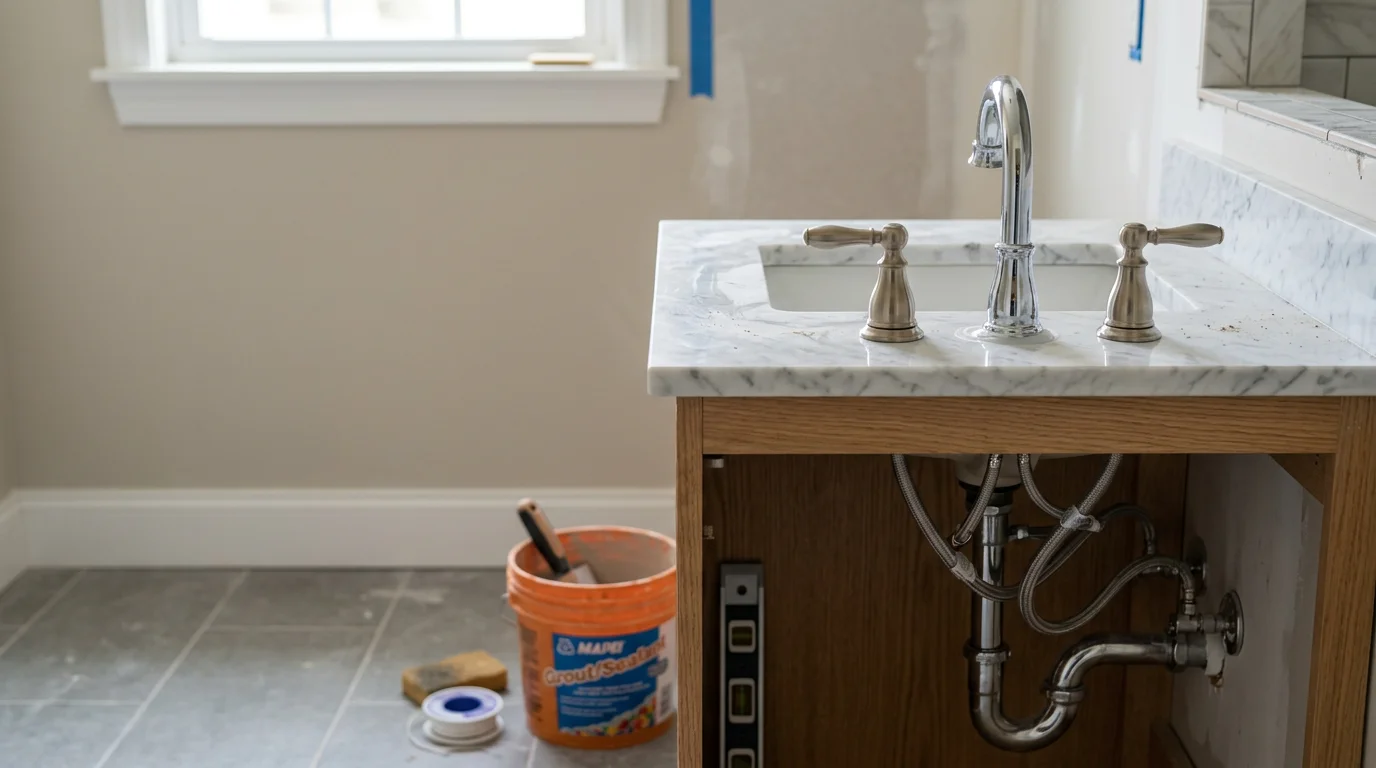 A newly installed white toilet and pedestal sink in a clean residential bathroom in Hardin County, Kentucky. The fixtures are level and properly sealed against a freshly tiled wall.