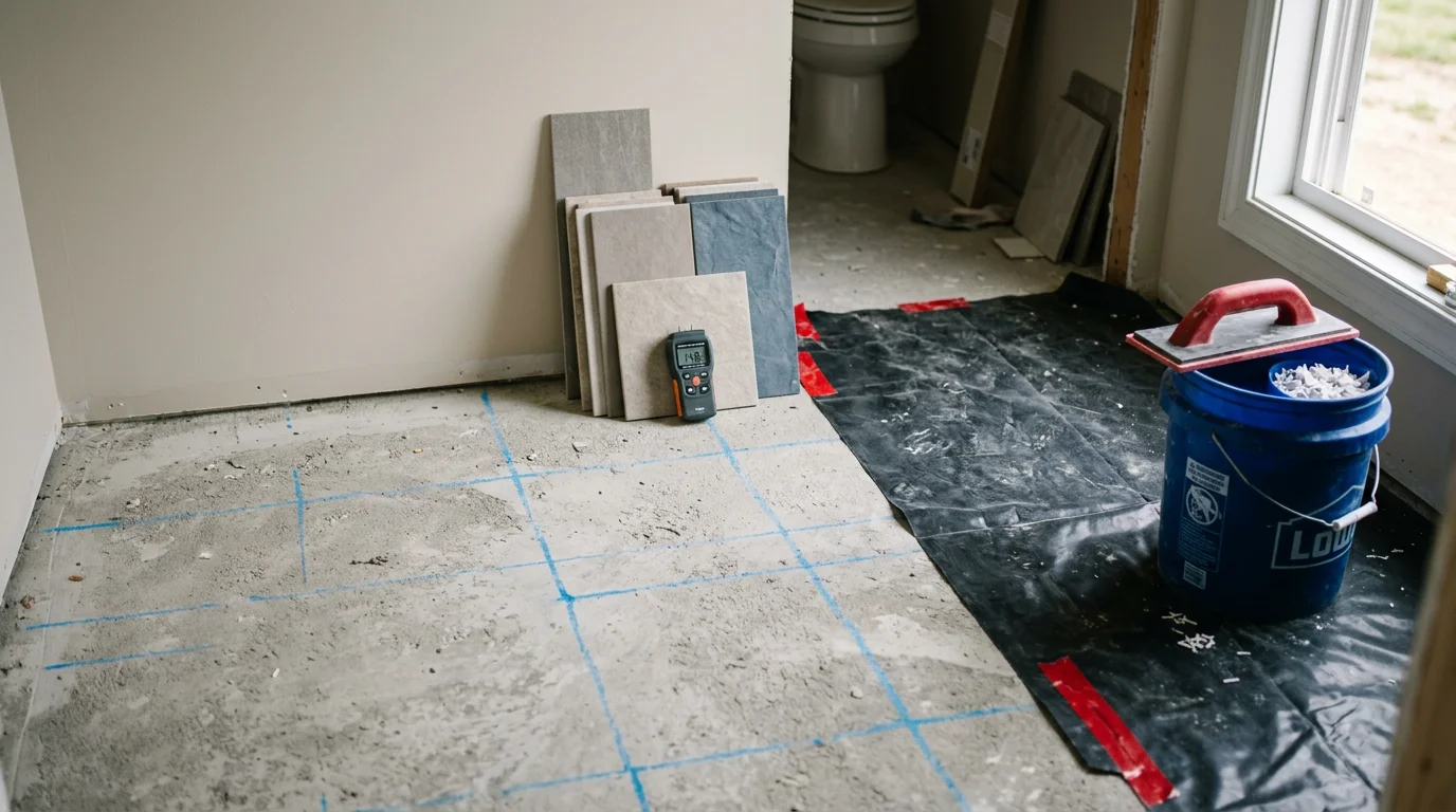 Newly installed tile bathroom floor in a Harden County home, showing clean grout lines and a moisture-ready surface around the base of a toilet and vanity. The finished floor reflects natural light from a nearby window, showing even tile placement throughout the room.