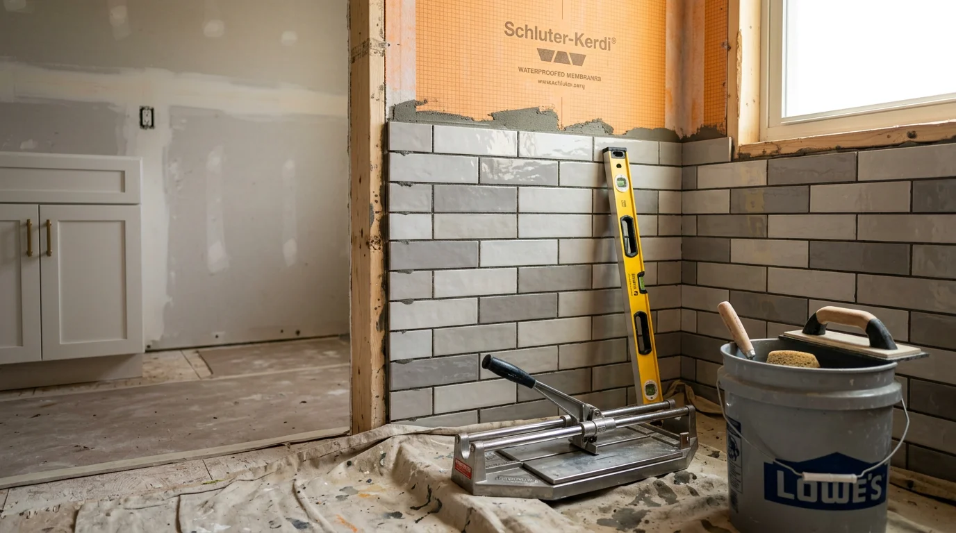 A fully tiled custom walk-in shower with a built-in wall niche and floor-to-ceiling tile work, installed in a residential bathroom in Hardin County, Kentucky. The shower features clean grout lines and a barrier-free entry designed to fit the room's specific dimensions.