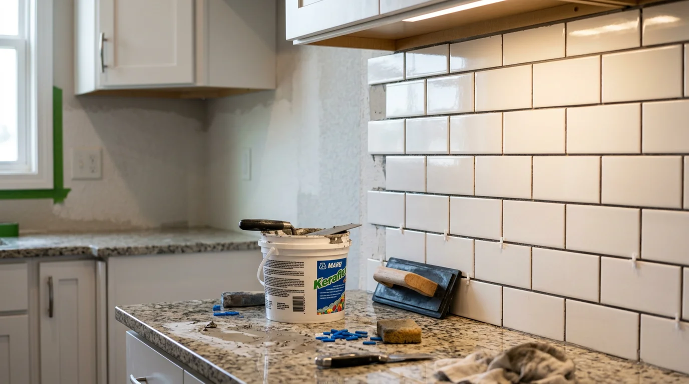 Freshly installed tile backsplash behind a kitchen sink in a Hardin County home, showing clean grout lines and a smooth, even tile surface. The backsplash runs from the countertop to the upper cabinets with precise cuts around the outlet.