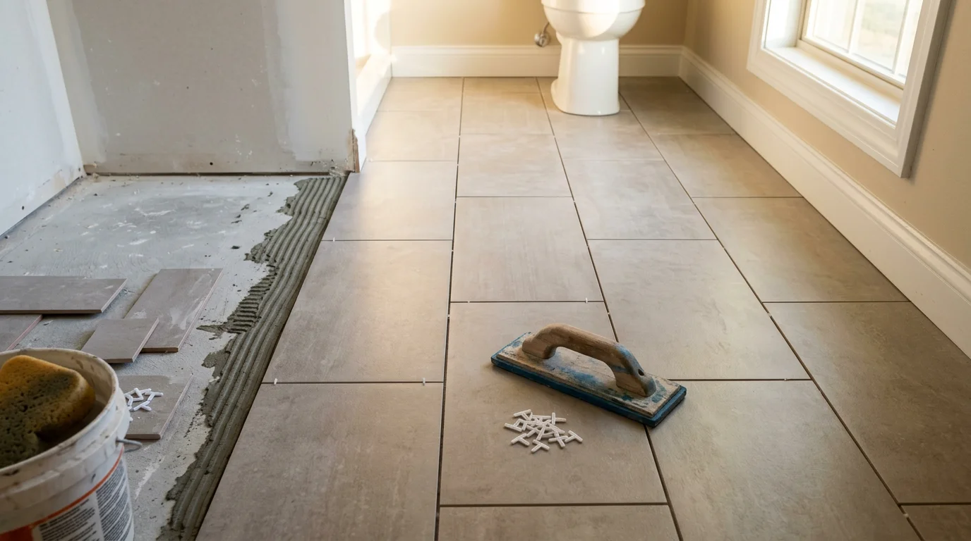 Freshly installed tile flooring in a residential kitchen in Hardin County, Kentucky, showing clean grout lines and a smooth, level surface. The tile runs from the entryway through to the main living area of the home.