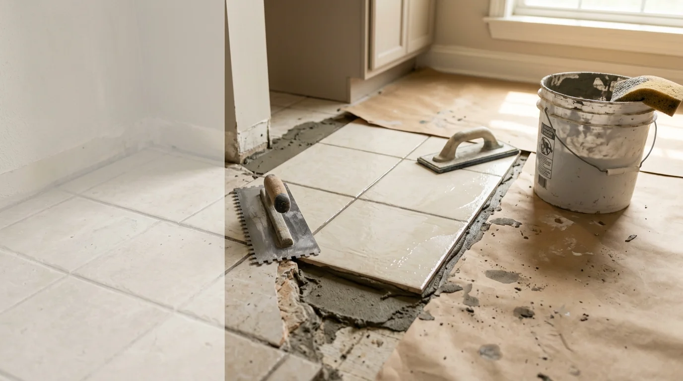 A freshly repaired bathroom floor in a Hardin County home showing replaced tile set flush and level with surrounding tiles. Grout lines are clean and consistent across the repaired section.