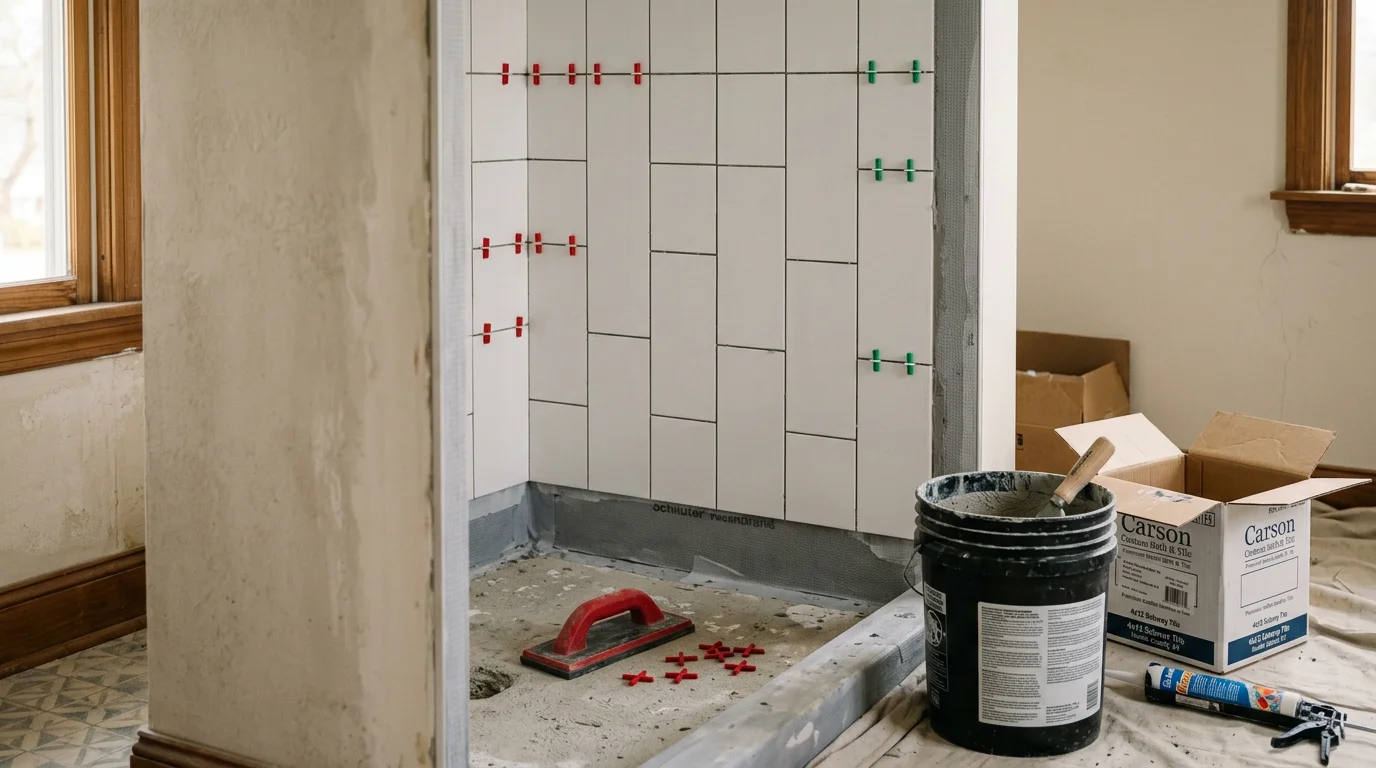 Freshly installed tile shower surround in a Hardin County bathroom, showing clean grout lines and fully tiled walls around a shower enclosure. The tile runs floor to ceiling with a consistent pattern and sealed grout joints.